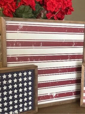Rustic Wood Frame Wall Art Red and White Stripes 16”x16.5”